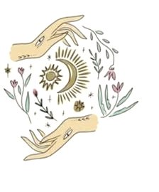 Illustration : deux mains entourant un soleil et une lune, parmi des fleurs et des feuillages